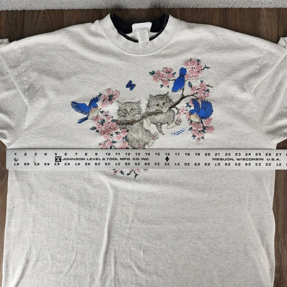 Vintage Morning Sun Woman Gray Kitten Bluebird Graphic T-Shirt 3X Made in USA